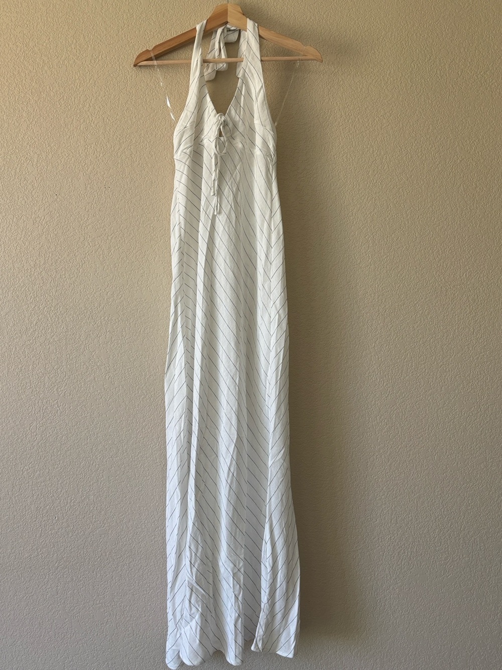 HYFVE White Halter Maxi Dress with Black Pinstripe